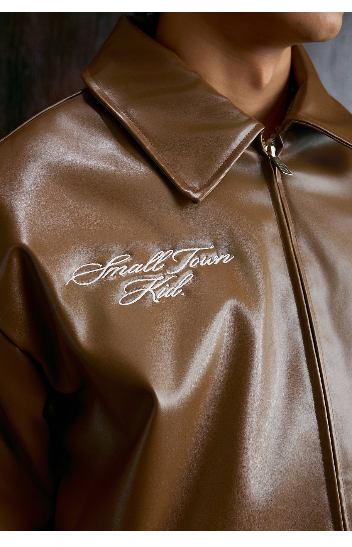 Small Town Kid Pearl Cross Logo PU Leather Racing Jacket