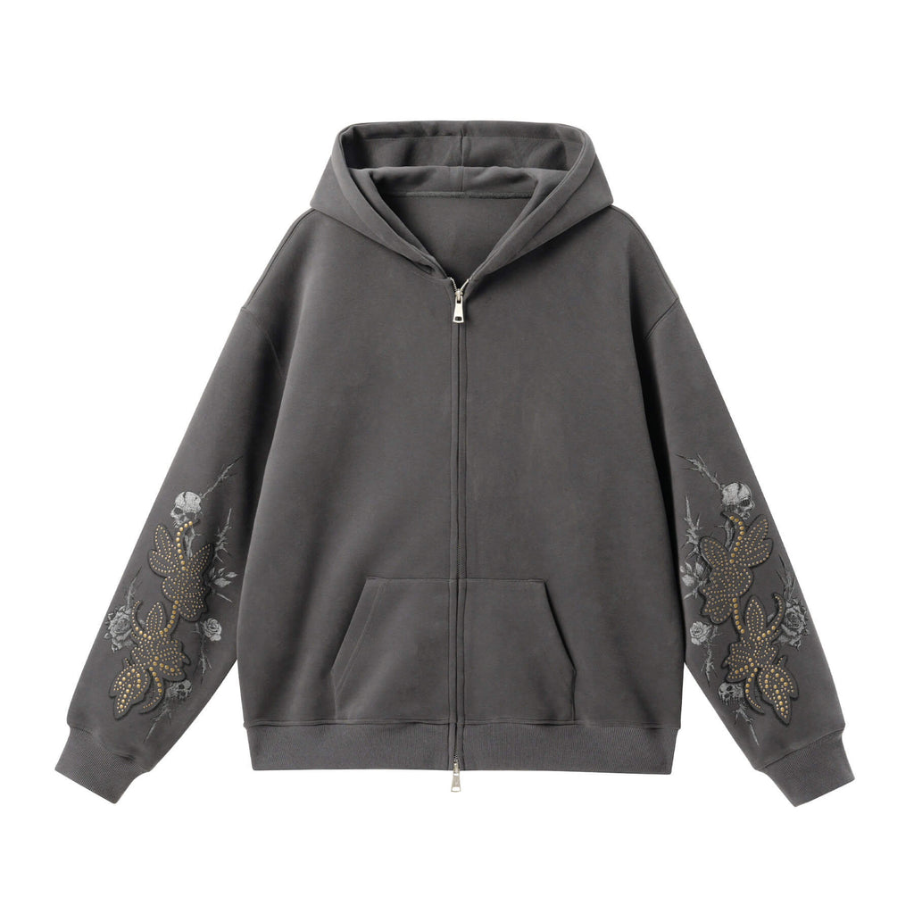 JHYQ Floral Print Studded Double Zipper Hoodie