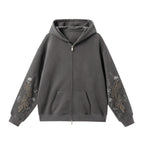 JHYQ Floral Print Studded Double Zipper Hoodie