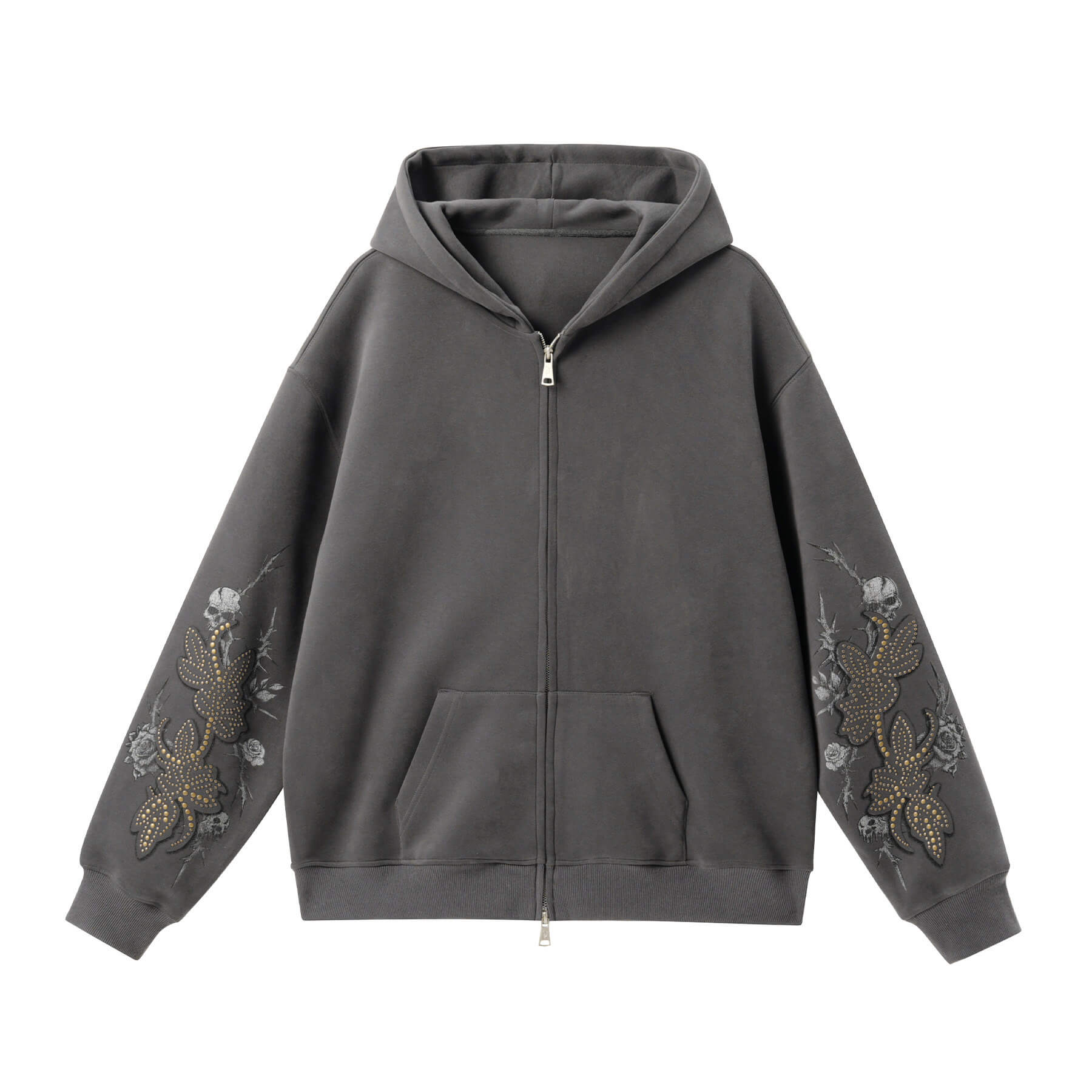 JHYQ Floral Print Studded Double Zipper Hoodie