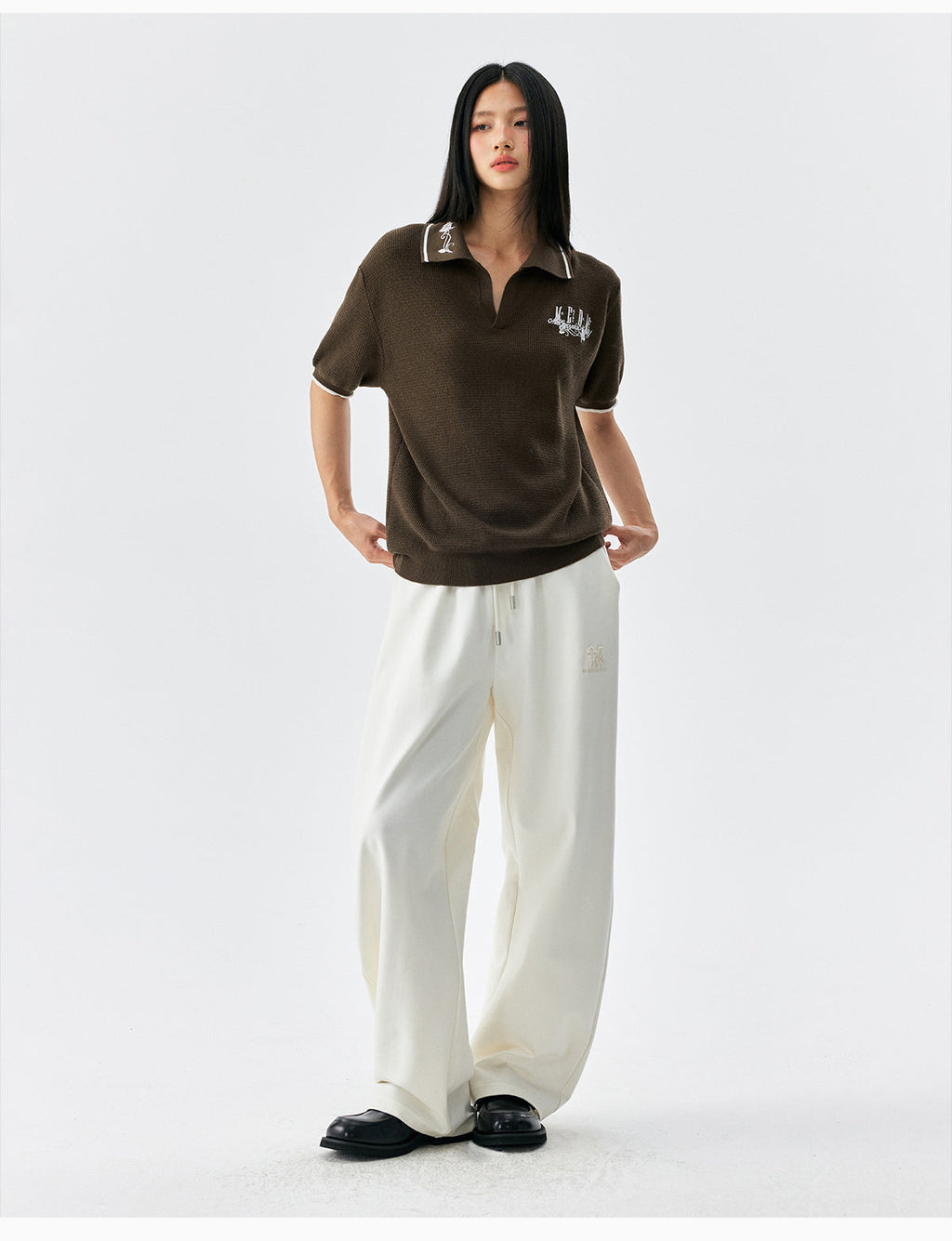 MEDM Rose Embroidered Waffle Knit Polo