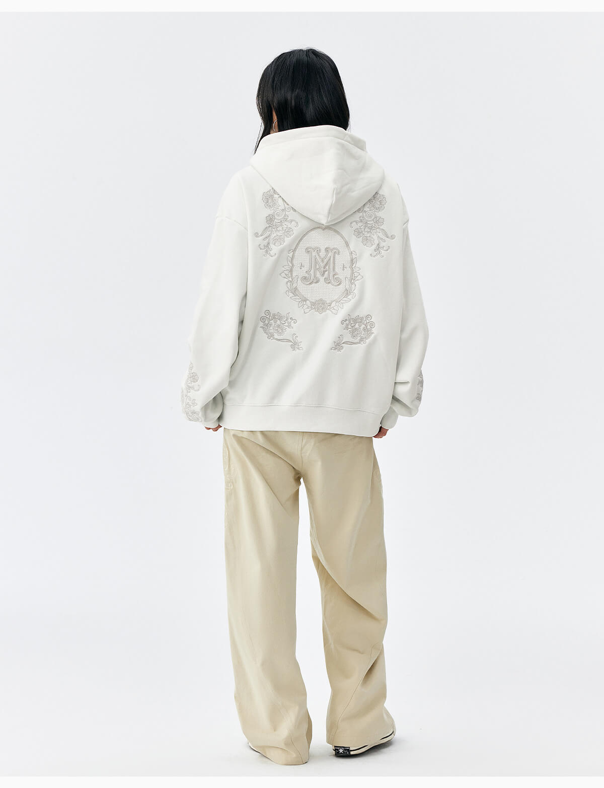 MEDM Patterned Flower Embroidered Zip Up Hoodie
