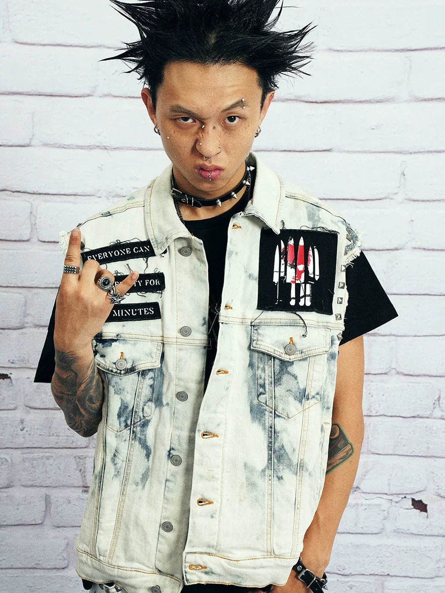 VENTUREK Bleach Wash Patch Rivet Denim Vest
