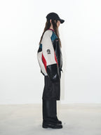 BLIND NO PLAN Colorblocked Embroidered Racing Leather Jacket
