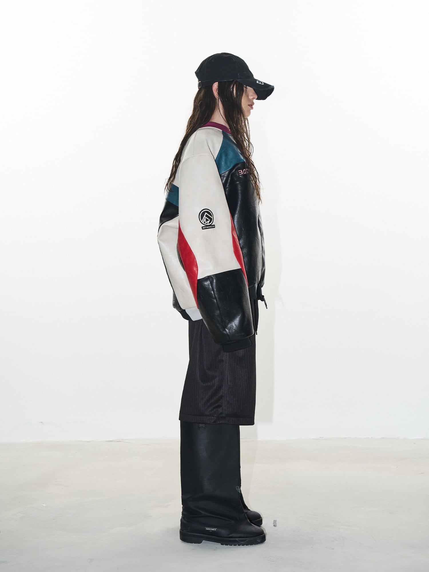 BLIND NO PLAN Colorblocked Embroidered Racing Leather Jacket