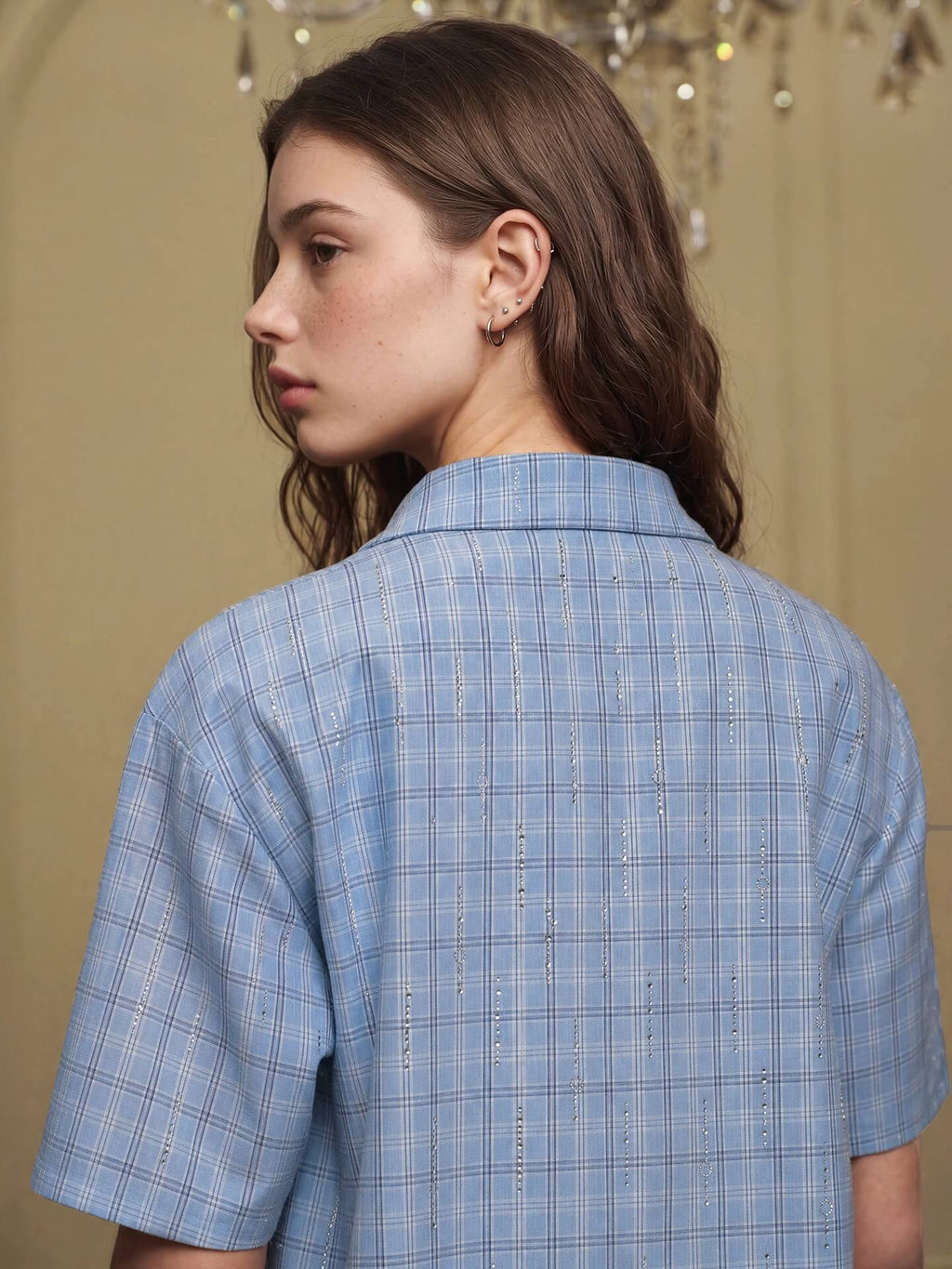 YADcrew All Over Rhinestone Plaid Short Sleeve Shirt