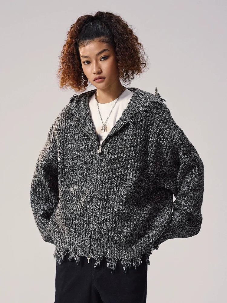 Remedy Distressed Hooded Zipper Knit Cardigan