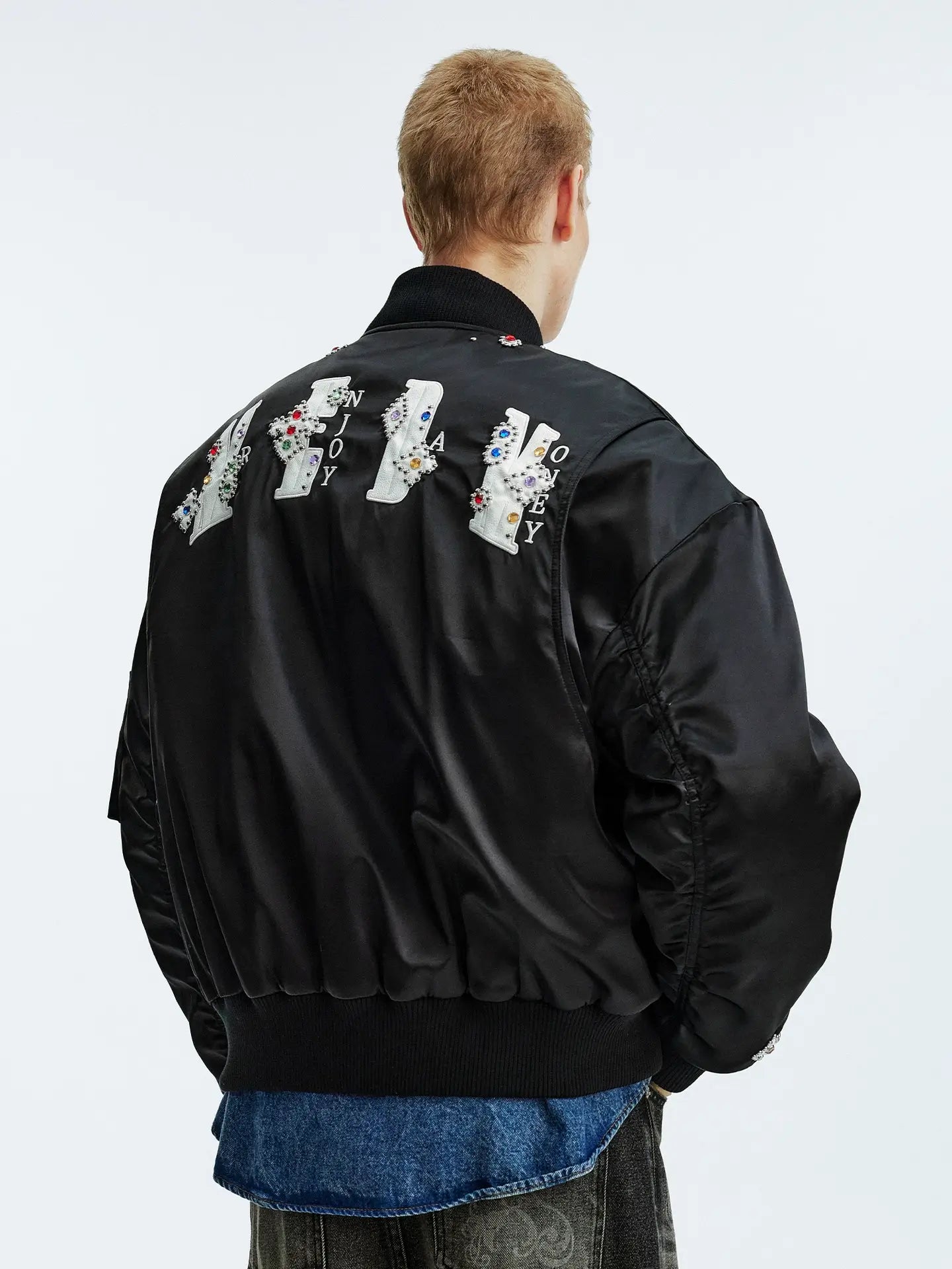 MEDM Gemstone Studded Leather Patch MA-1 Bomber Jacket