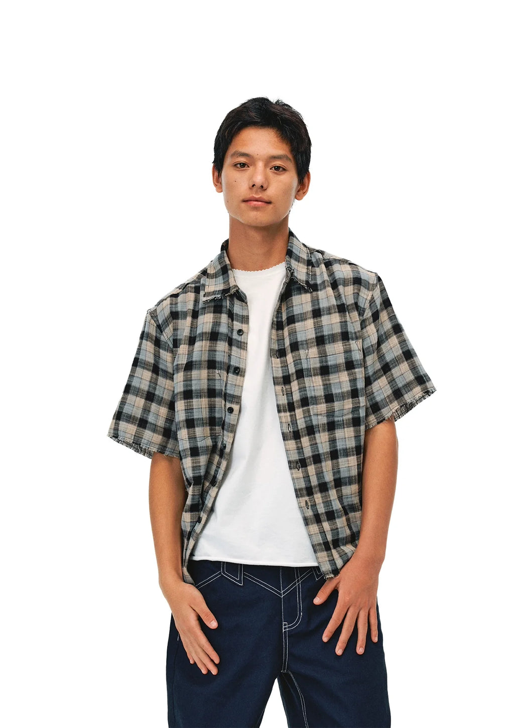 EVILKNIGHT(EK) Striped Plaid Reversible Short Sleeve Shirt