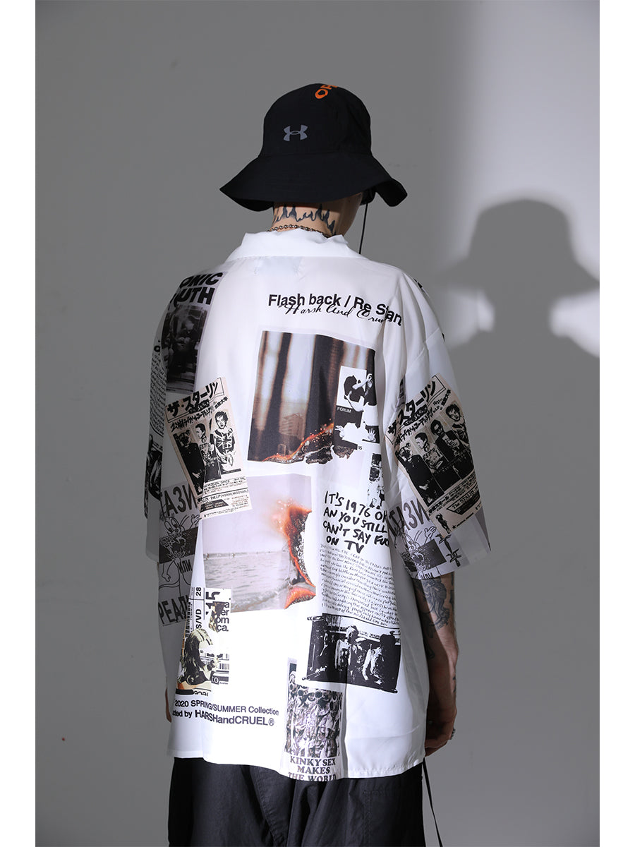 Harsh and Cruel Vintage Newspaper Print Cuban Shirt