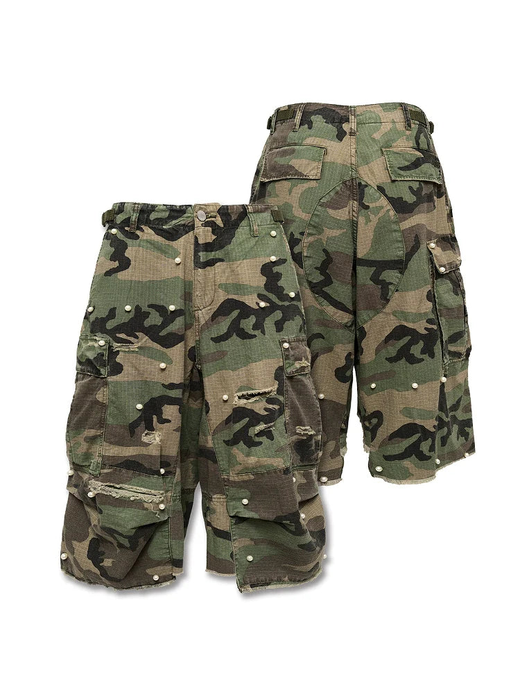 STEEPC M-65 Pearl Embellished Camouflage Baggy Cargo Shorts