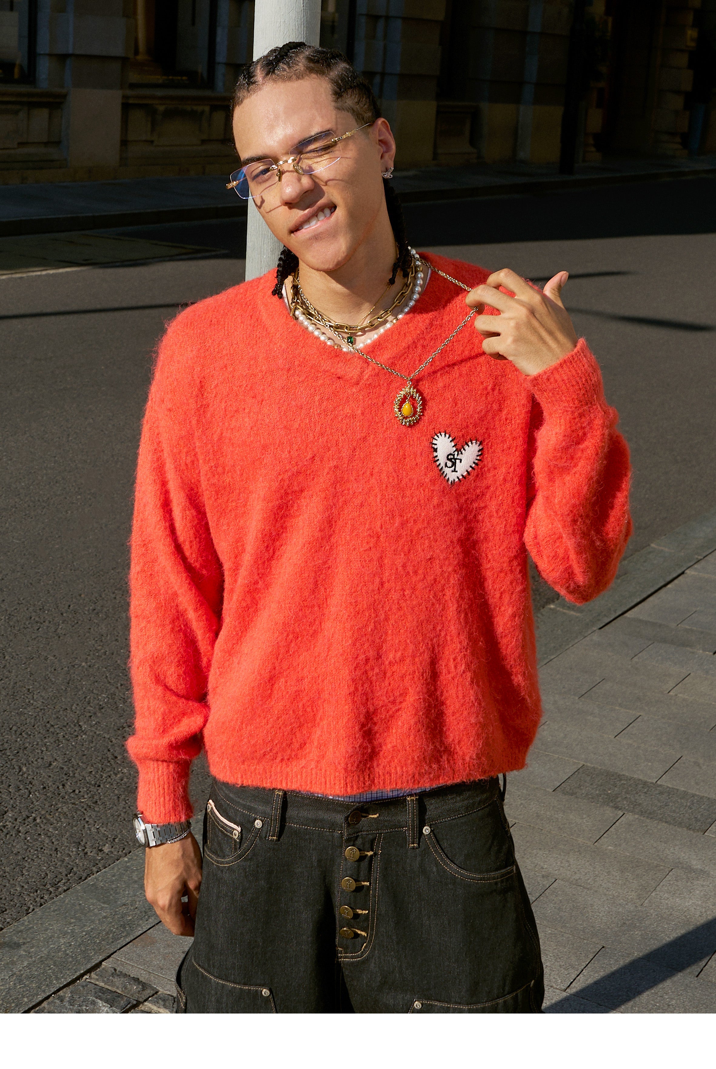 STEEPC Wool Blend Heart Patch Knit Sweater