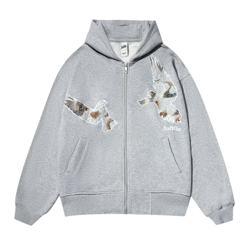 JUST VIBE Lace Peace Dove Zip Up Hoodie