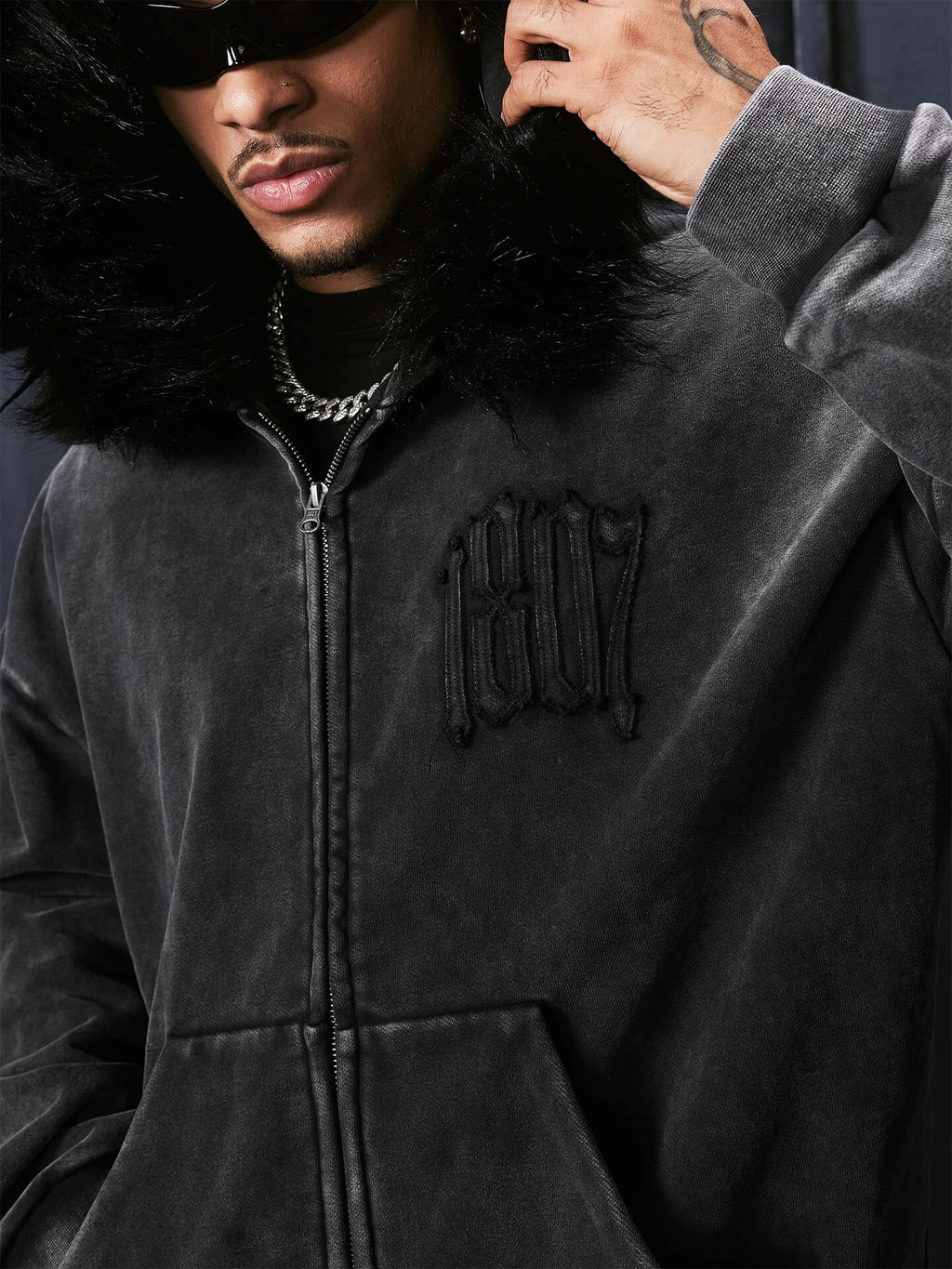 1807 Faux Fur Hood Trim Washed Zip Up Hoodie
