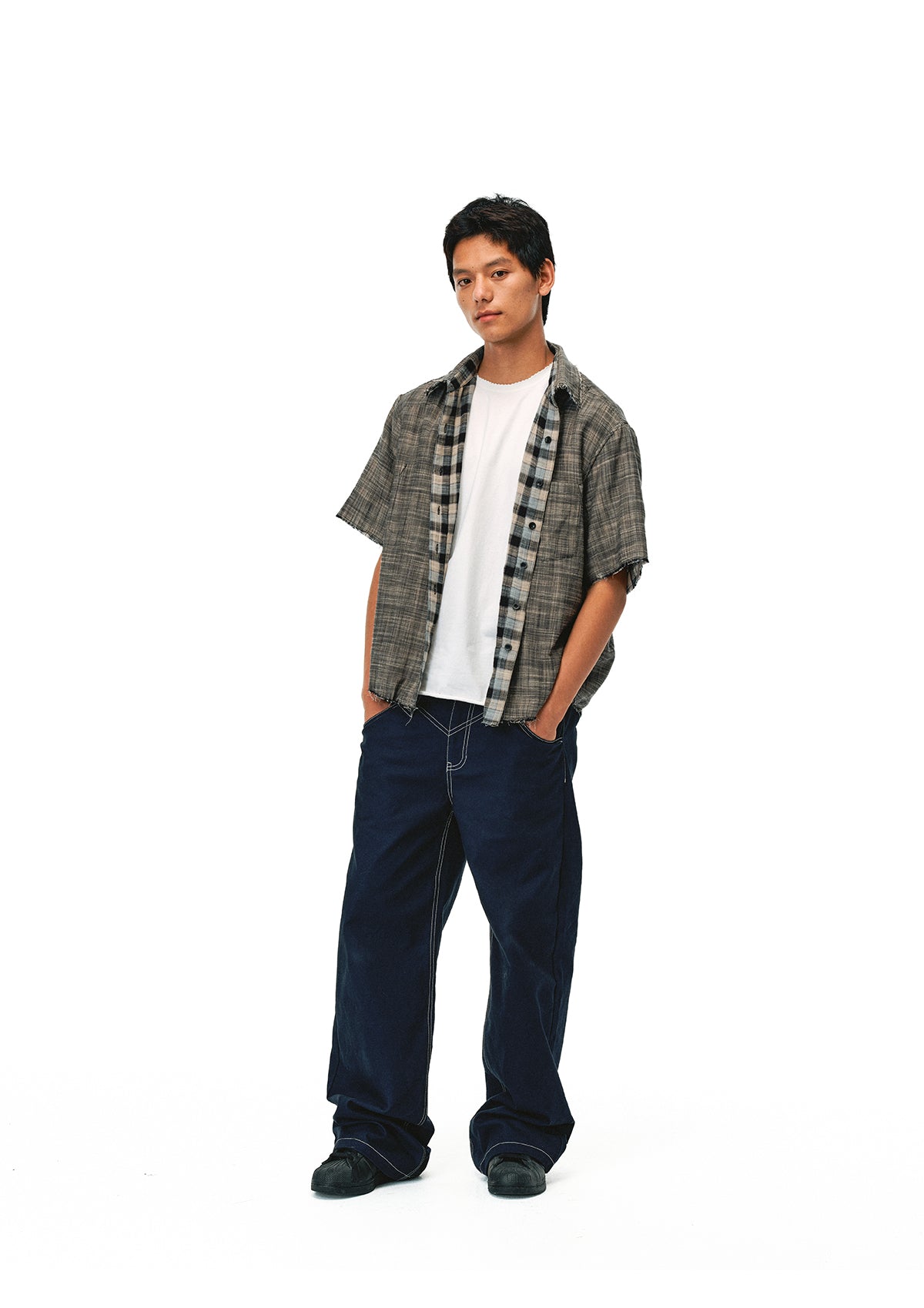 EVILKNIGHT(EK) Striped Plaid Reversible Short Sleeve Shirt