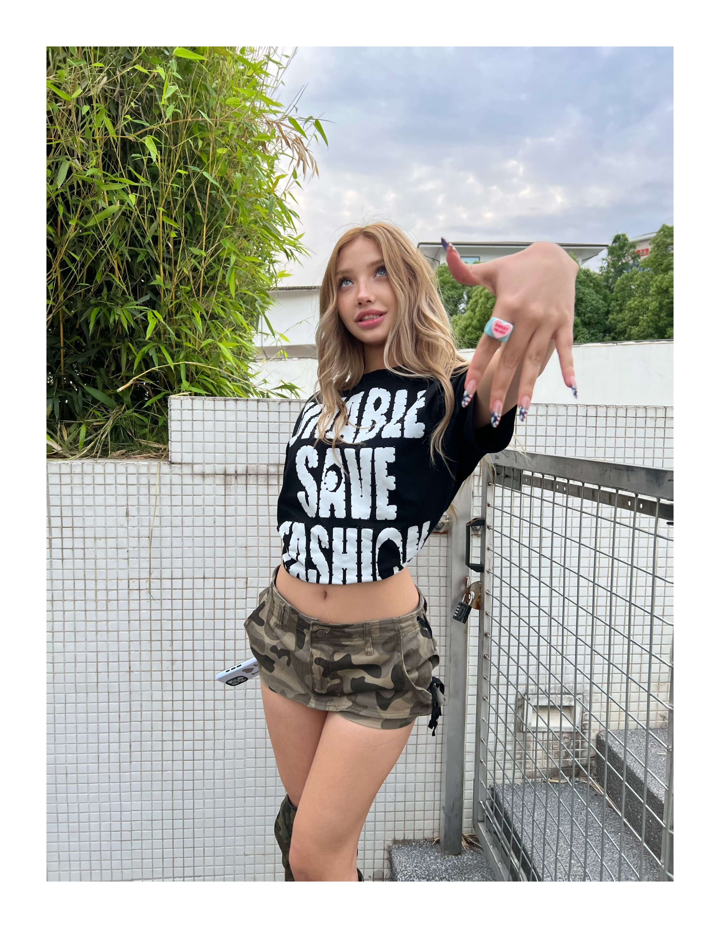 KARMANISTIC Rhinestone Slogan Print Tee