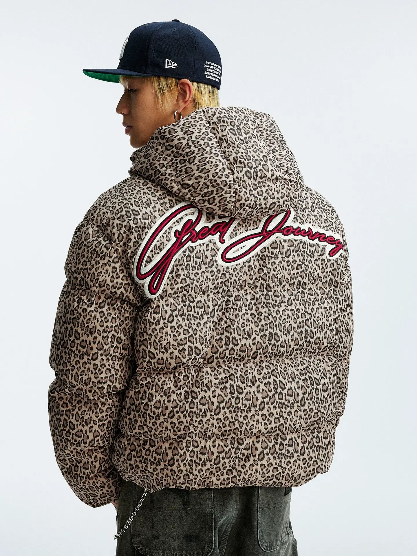 MEDM Leopard Leather Patch Puffer Jacket