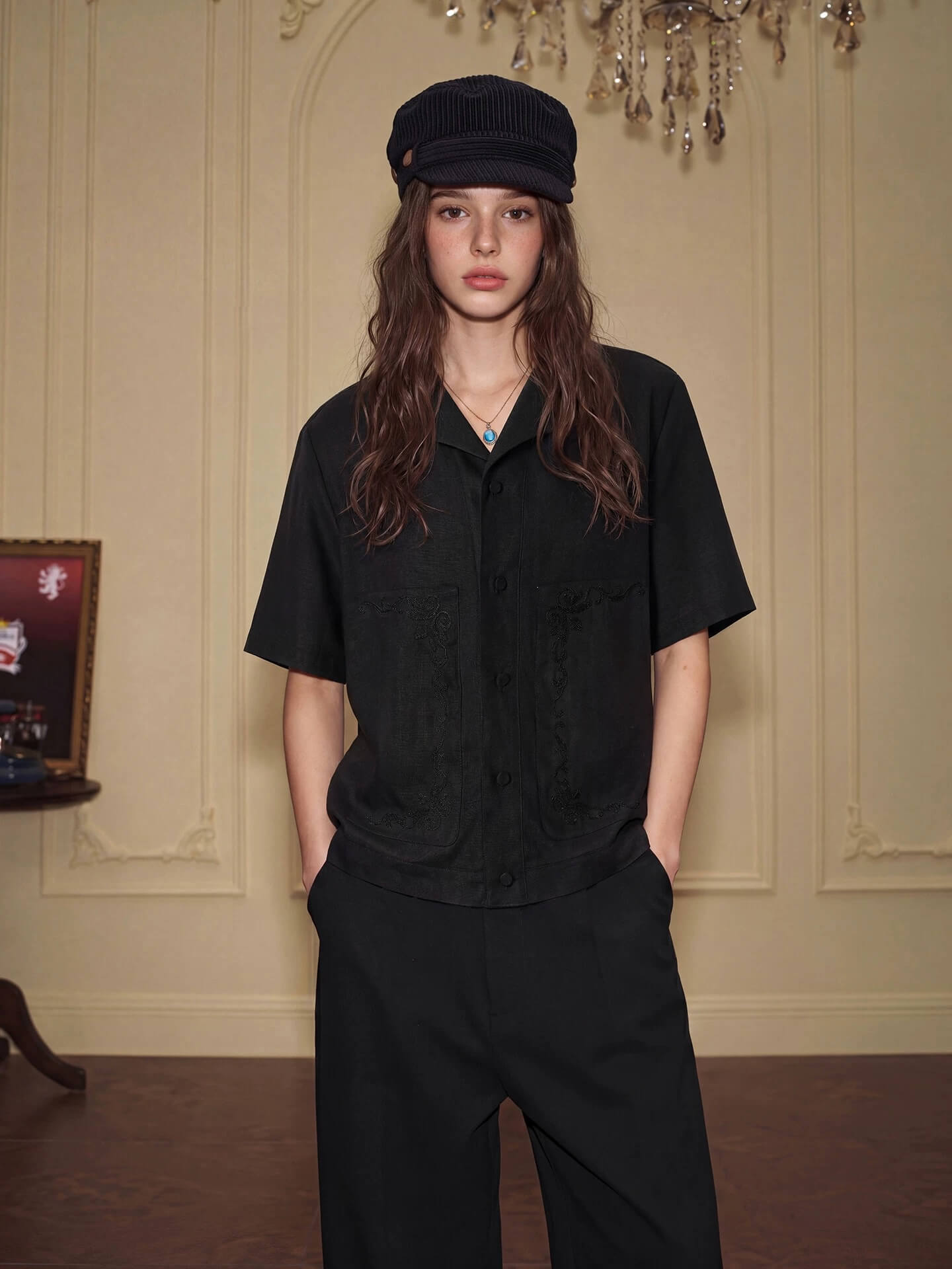 YADcrew Linen Blend Embroidered Short Sleeve Shirt