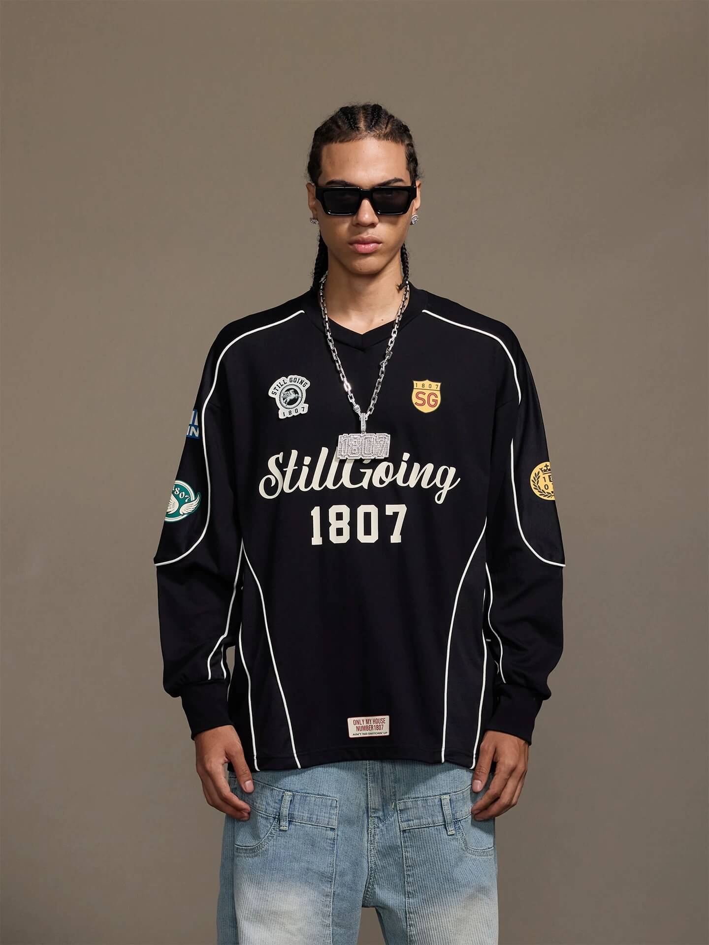 1807 Patchwork Print V Neck Long Sleeve Hockey Jersey