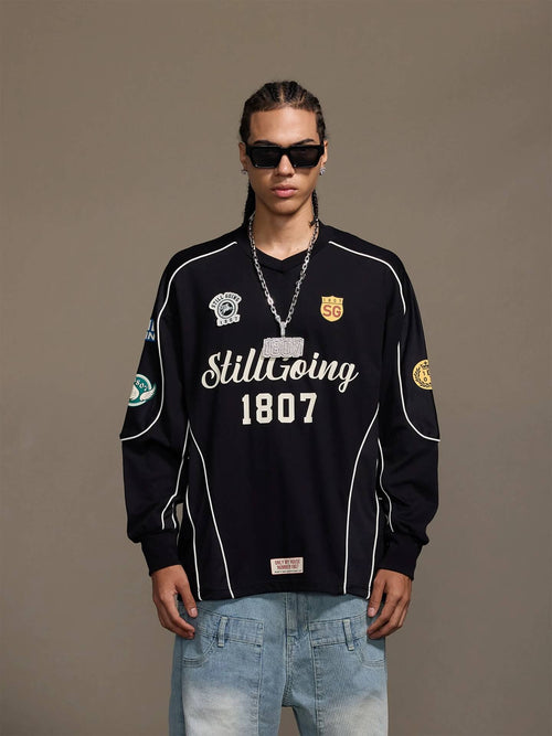 1807 Patchwork Print V Neck Long Sleeve Hockey Jersey