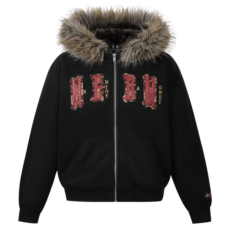 MEDM Faux Fur Lined Hooded Fur Zip Up Jacket
