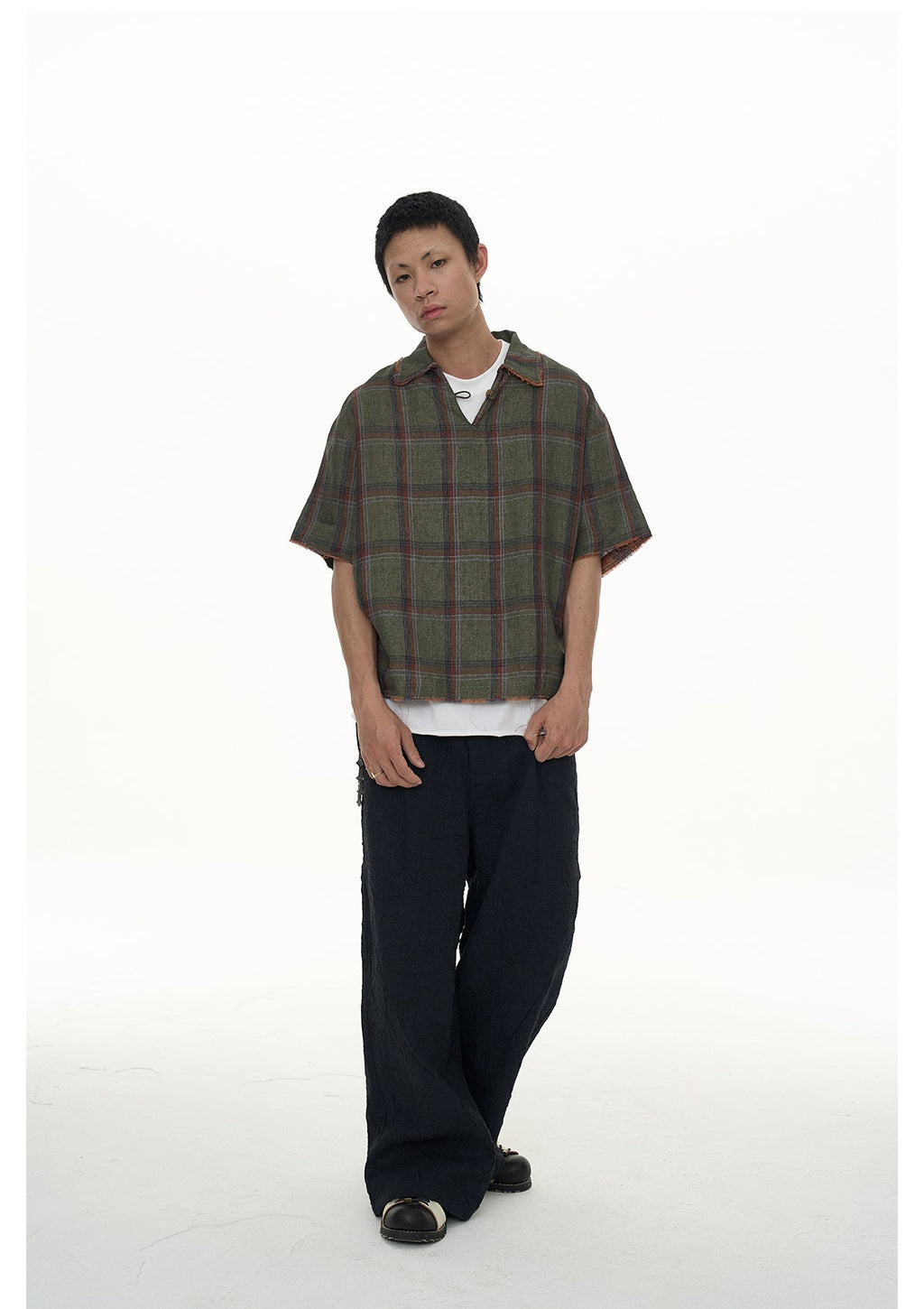 EVILKNIGHT(EK) Striped Plaid Tie-Dye Linen Polo Shirt