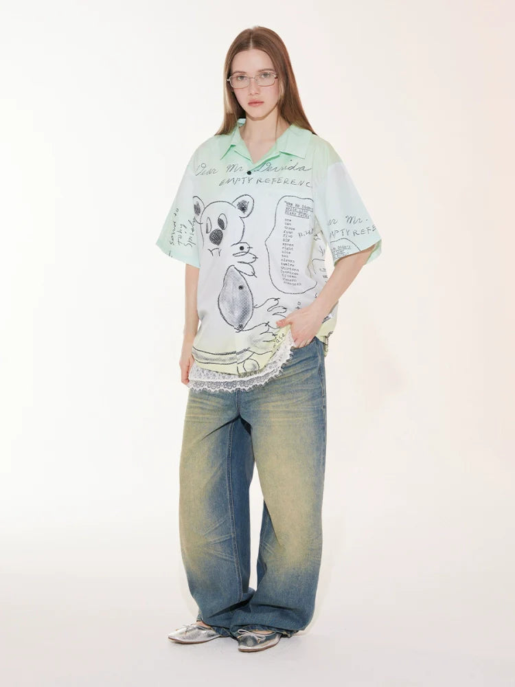 EMPTY REFERENCE Hand Painted Bear Print Gradient Short Sleeve Shirt