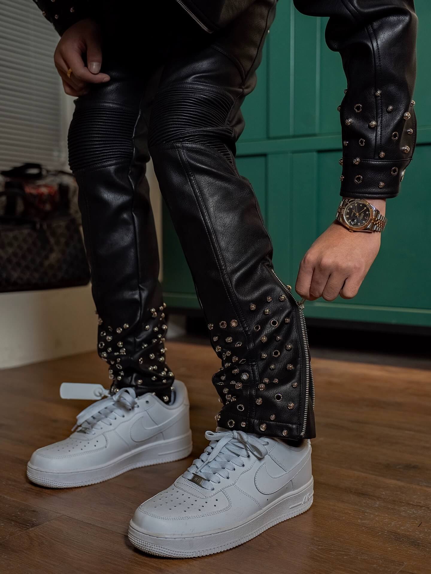 TGFCLUB Embossed Studded Slim Fit PU Leather Pants