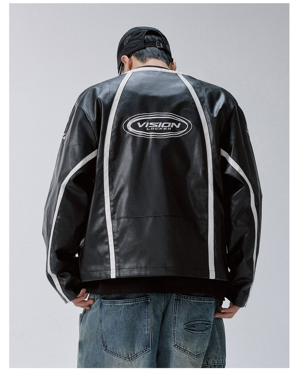 F2CE Striped Panel PU Leather Racing Jacket