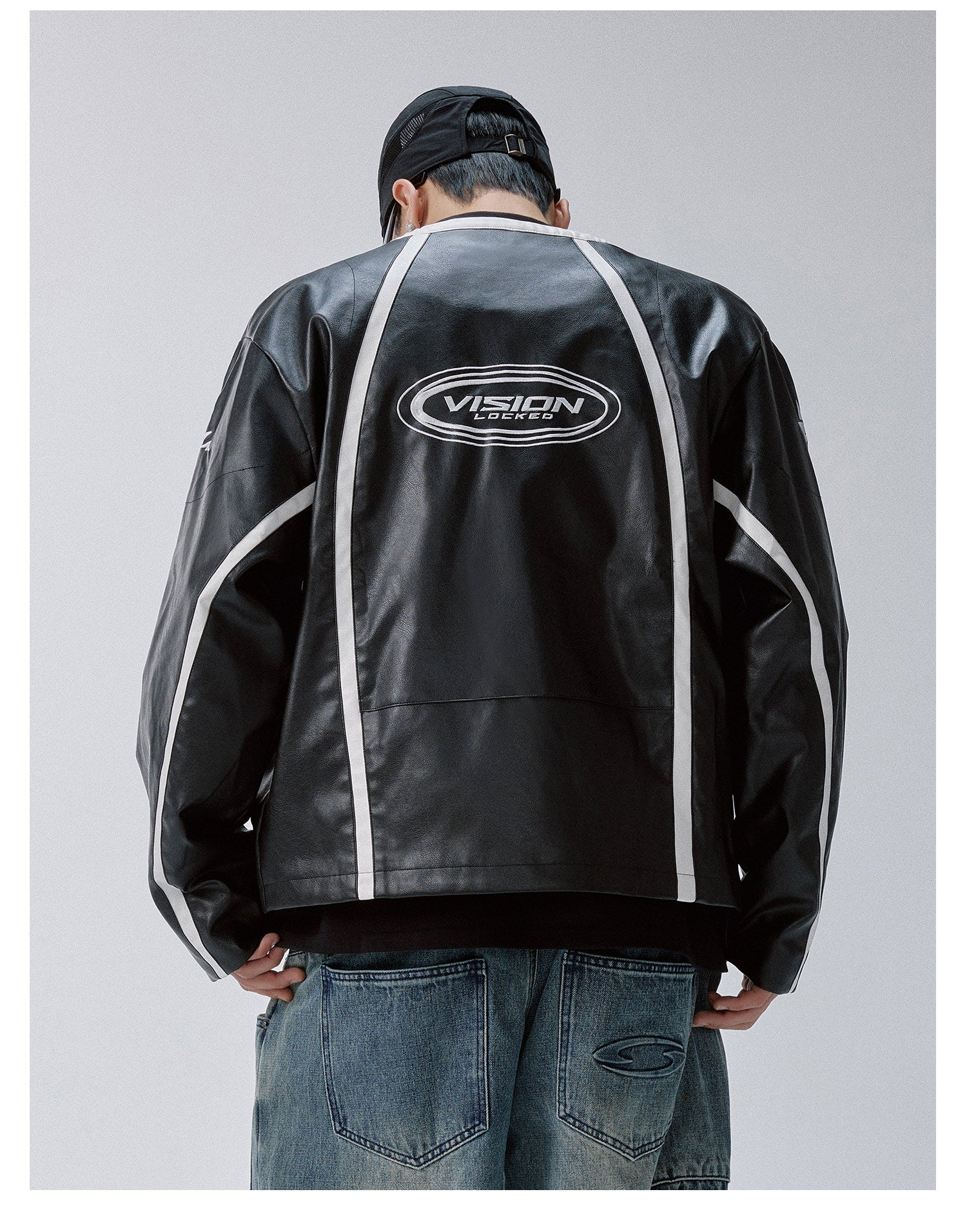 F2CE Striped Panel PU Leather Racing Jacket