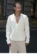 STEEPC Wool Blend Diamond Cable Knit Pearl Cardigan