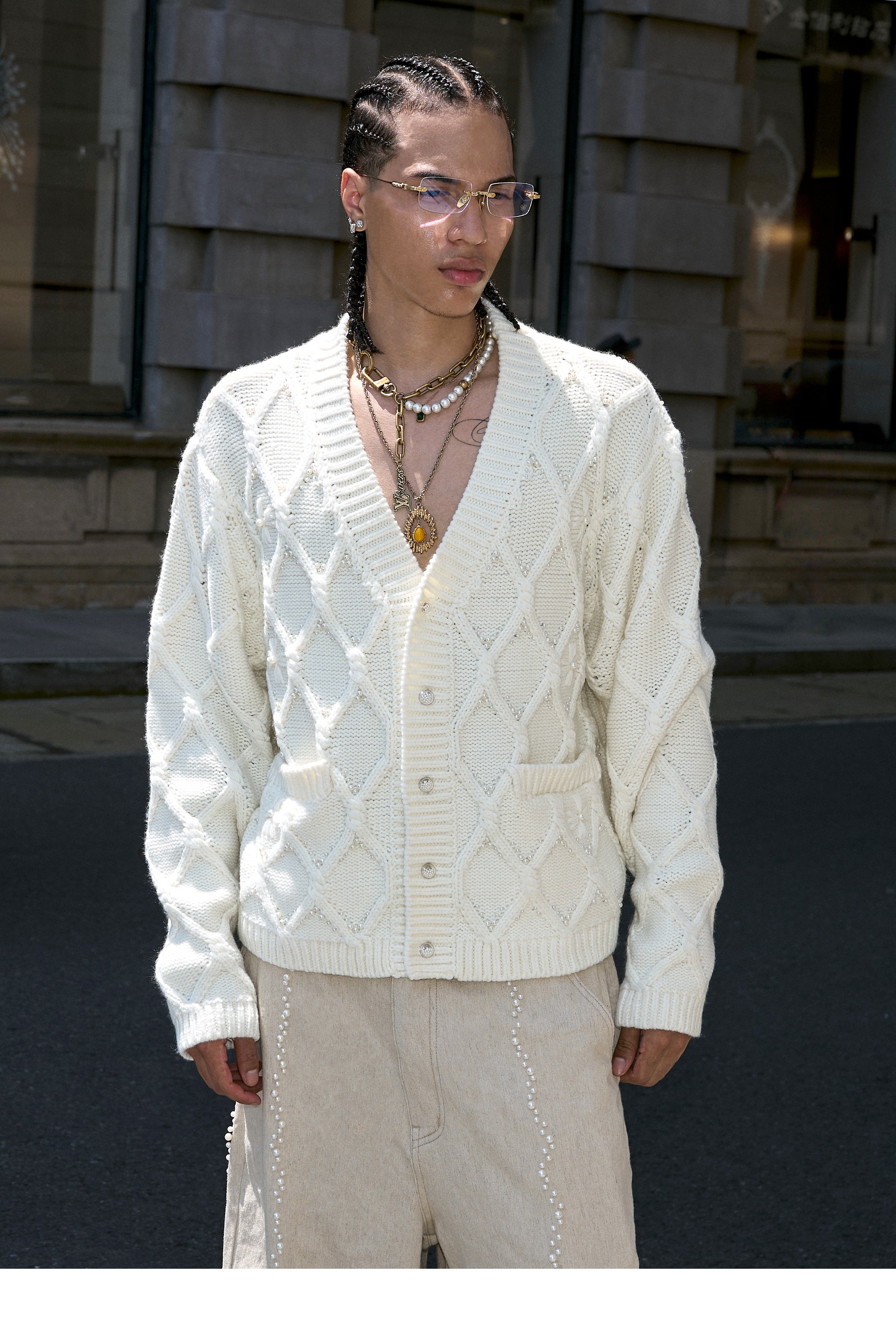 STEEPC Wool Blend Diamond Cable Knit Pearl Cardigan
