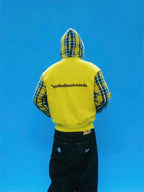 EVETS Contrast Plaid Patchwork Zip Up Hoodie