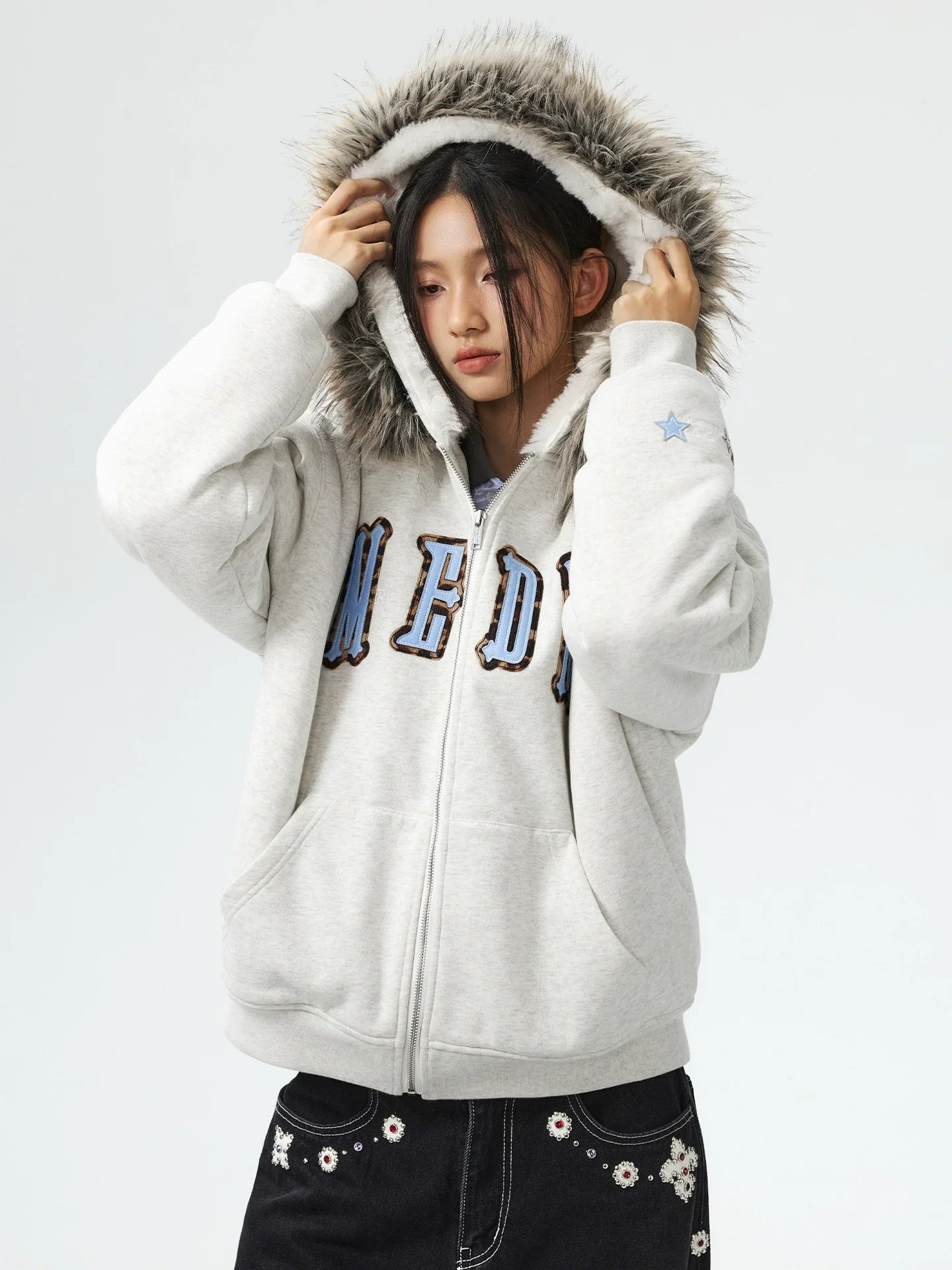 MEDM Faux Fur Lined Hooded Fur Zip Up Jacket