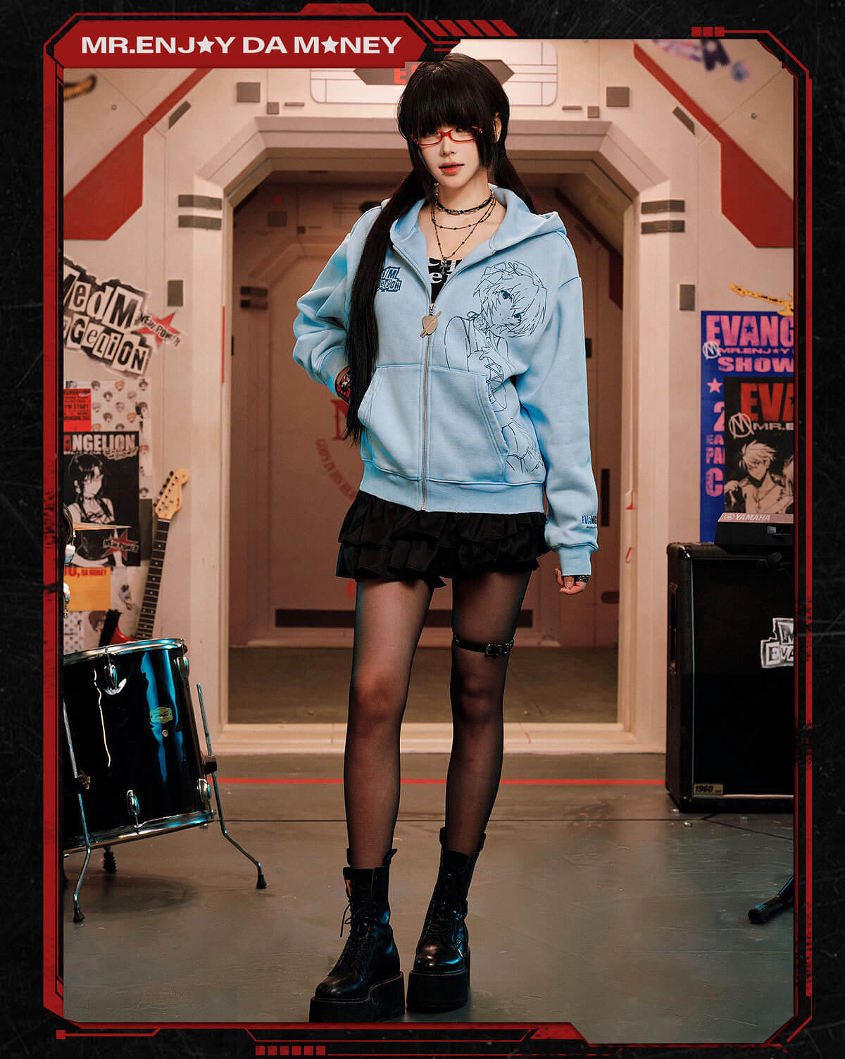 MEDM x EVA NEVER END Character Print Distressed Washed Zip Up Hoodie