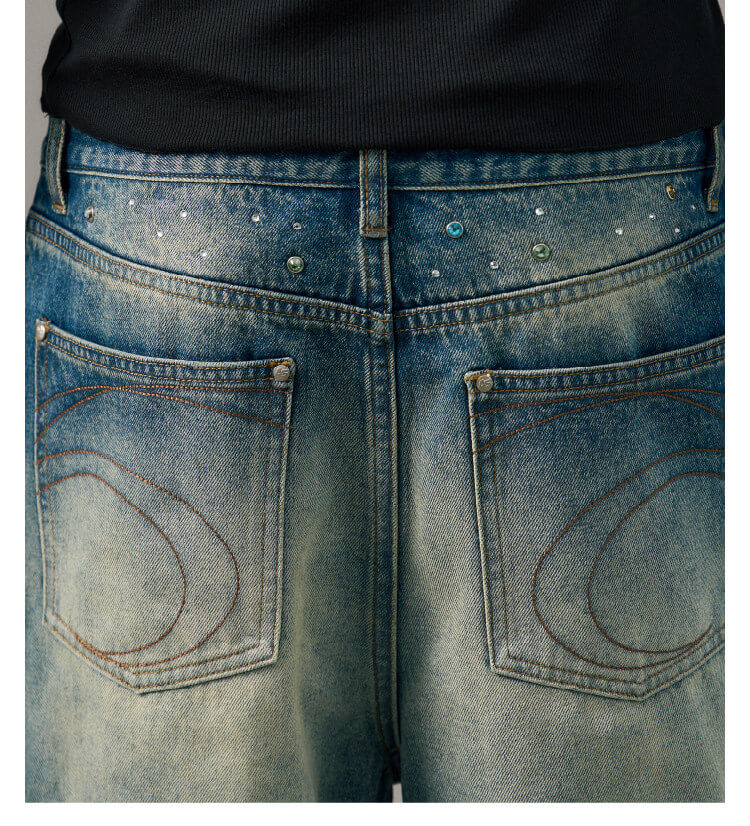 S45 Gemstone and Rhinestone Studded Washed Jeans