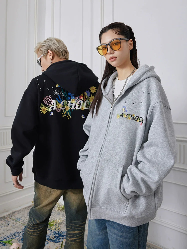 Achock Floral Embroidery Zipper Hoodie