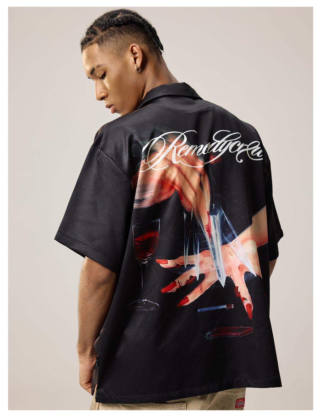 Remedy Finger and Wine Glass Full Print Short Sleeve Cuban Shirt