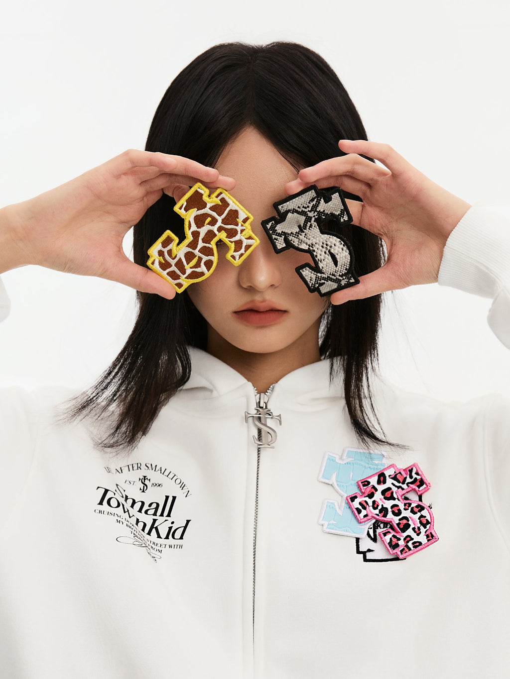 Small Town Kid Animal Textured Logo Velcro Zip-Up Hoodie