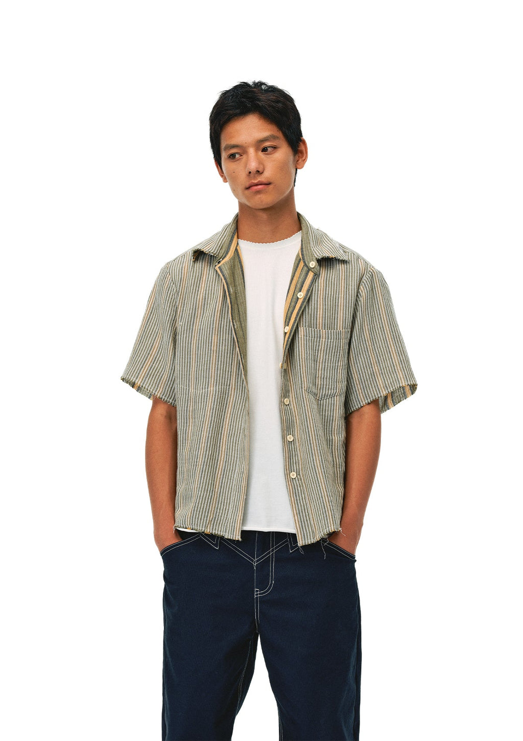 EVILKNIGHT(EK) Striped Plaid Reversible Short Sleeve Shirt
