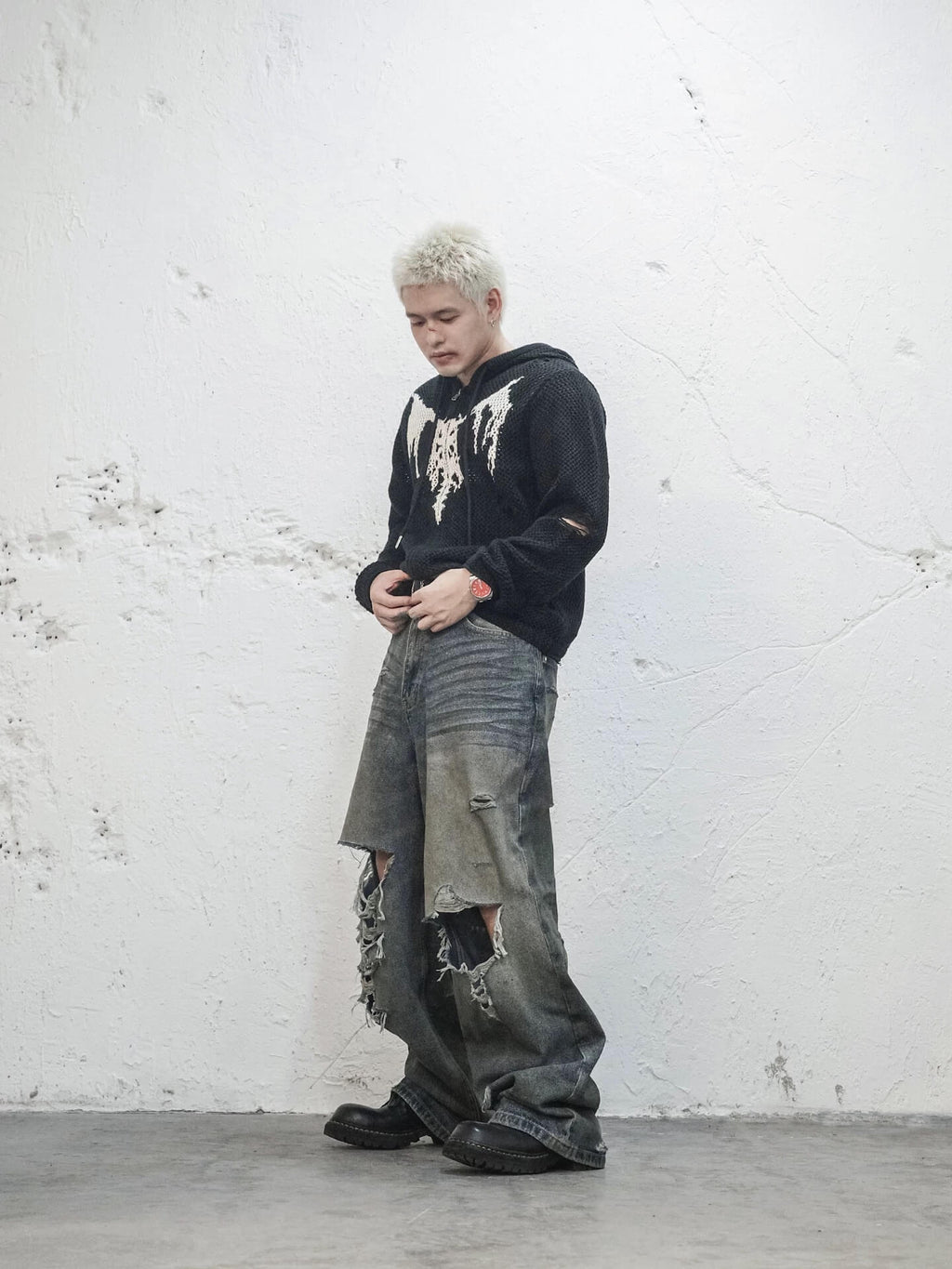 UNDERWATER Winged Devil Bone Jacquard Distressed Knit Zip Up Hoodie