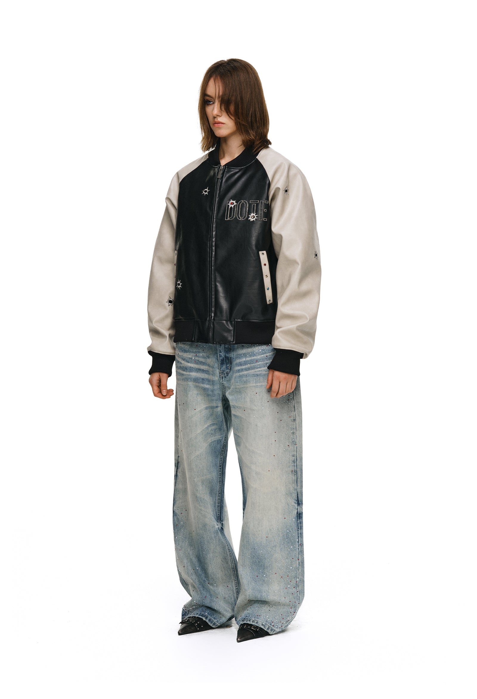 ANTIDOTE Bullseye Color Diamond Studded Leather Baseball Jacket