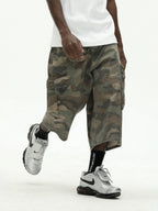 UNTILWERICH Washed Camo Multi Pocket Wide Cargo Below Knee Shorts