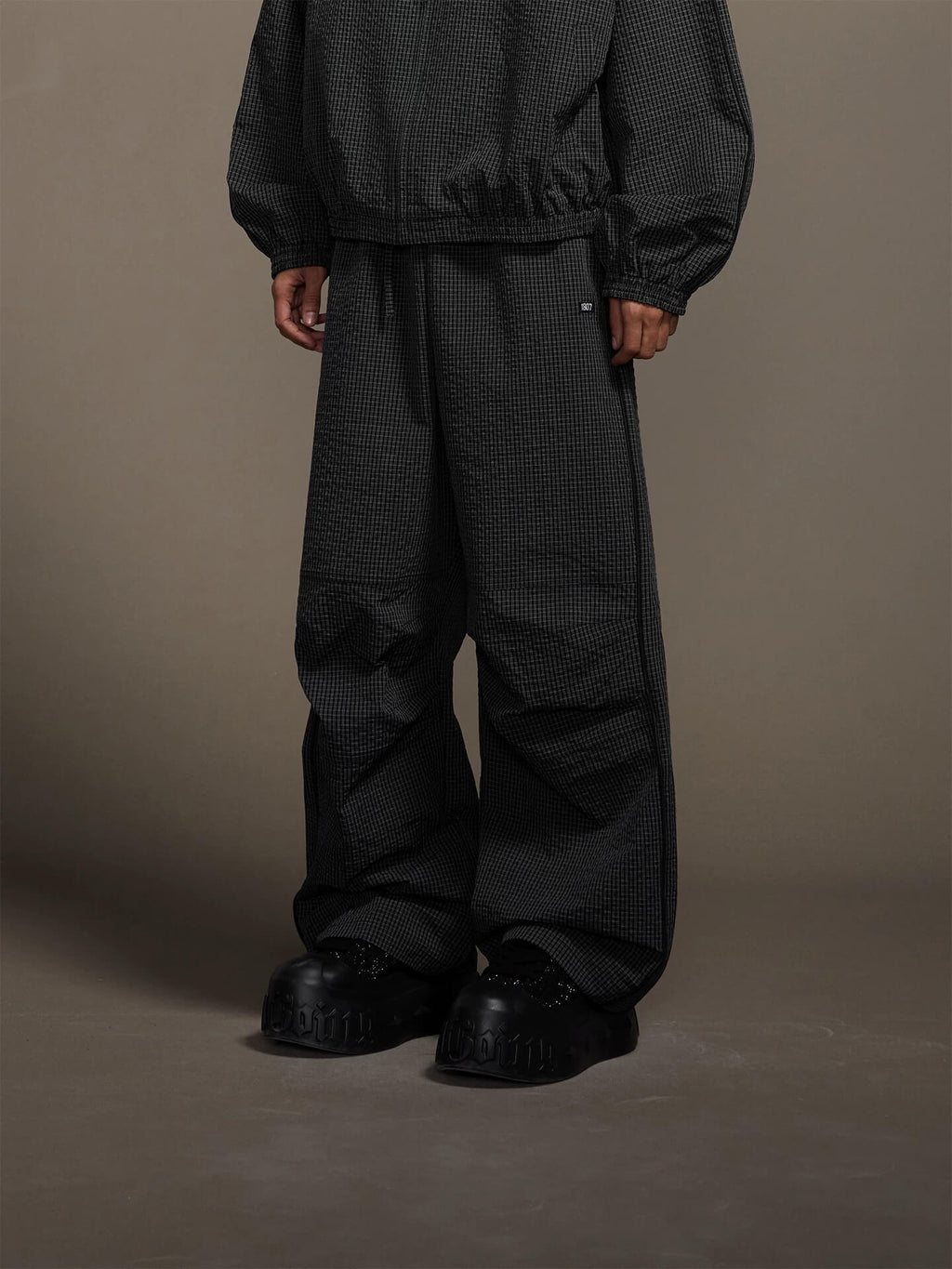 1807 Textured Plaid Wide Track Pants