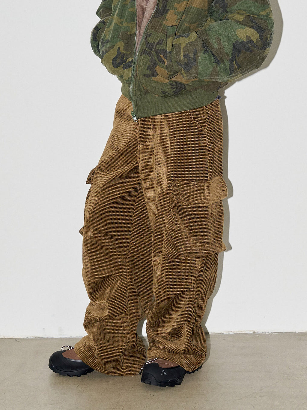 LIBERAFIT Waffle Texture Corduroy Flap Pocket Baggy Cargo Pants
