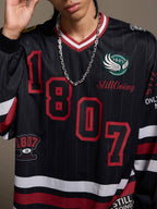 1807 Print Patch V Neck Mesh Long Sleeve Hockey Jersey