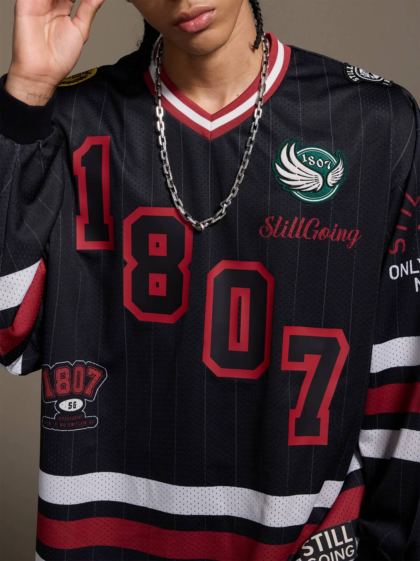 1807 Print Patch V Neck Mesh Long Sleeve Hockey Jersey