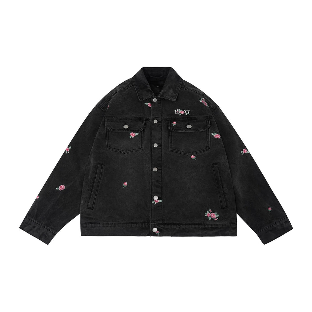1807 All Over Floral Embroidered Washed Denim Jacket