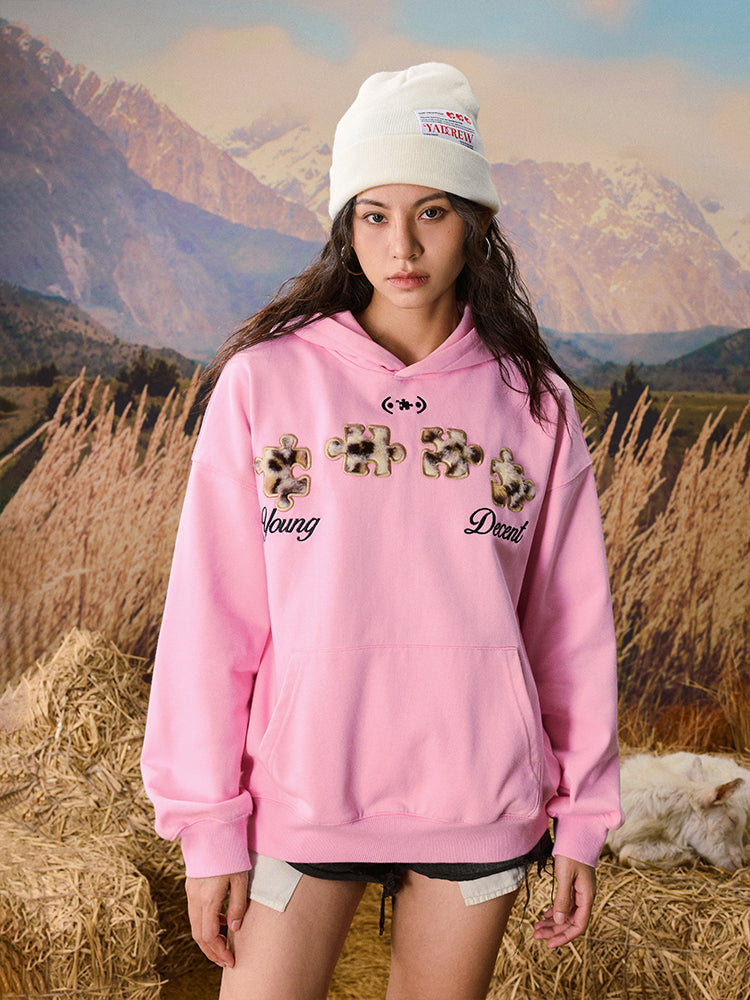 YADcrew Leopard Patch Embroidery Jigsaw Puzzle Hoodie