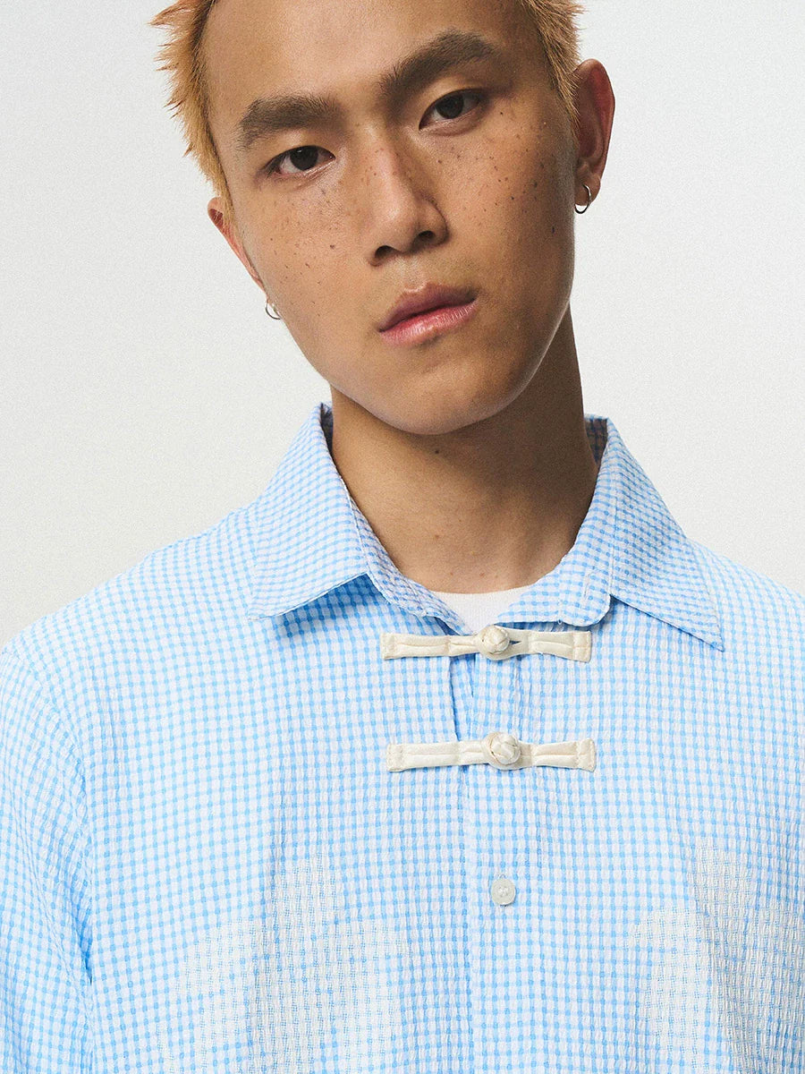 EMPTY REFERENCE Printed Blue Plaid Long Sleeve Shirt
